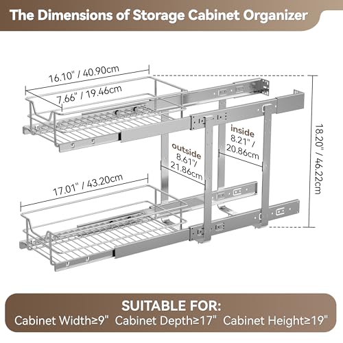 2 Tier Pull Out Cabinet Organizer 9" W X 17" D, Chromed, Full Slide Out - color: 2 Tier - Chrome-Plated, size: 9" W X 17" D
