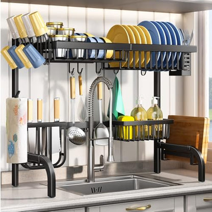 Over The Sink Dish Drying Rack, Adjustable 25.5-33.5 in, 2-Tier, Black - color: Black
