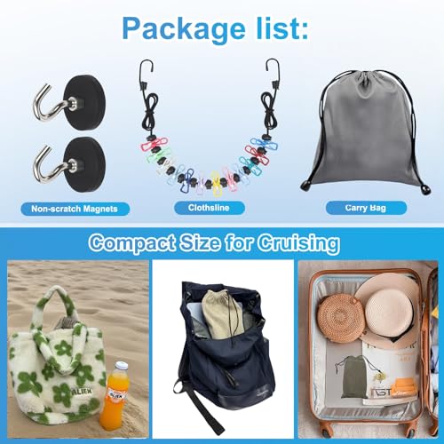 Portable Magnetic Clothesline for Cruise Ship Cabin, Travel Clothesline with 12 Clips and Carry Bag, Rubber-Coated Non-Scratch Magnets for Cruise, RV & Hotel