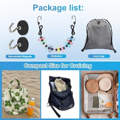Portable Magnetic Clothesline for Cruise Ship Cabin, Travel Clothesline with 12 Clips and Carry Bag, Rubber-Coated Non-Scratch Magnets for Cruise, RV & Hotel