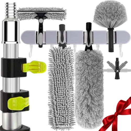 【Upgrade Anti Rotation 】 30FT High Reach Duster Kit,(18FT+6FT) Lightweight Aluminum Alloy Extension Rod,7-Piece Set,210° Steering Head Clean Various Angle,for Cleaning Ceiling,High Wall - size: 25FT
