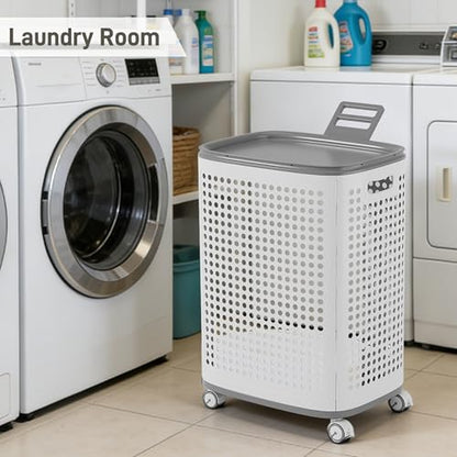 Plastic Laundry Basket on Wheels with Lid & Handle, Medium - size: Medium