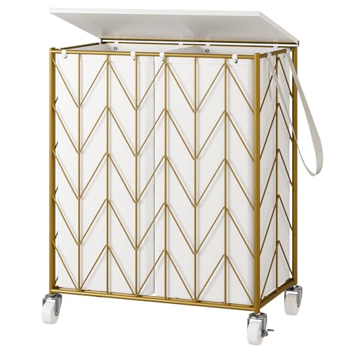 WOWLIVE Double Laundry Hamper with Lid, Rolling Laundry Basket with Wheels - color: Golden, size: 115l(22 X 13 X 26.4 Inches)