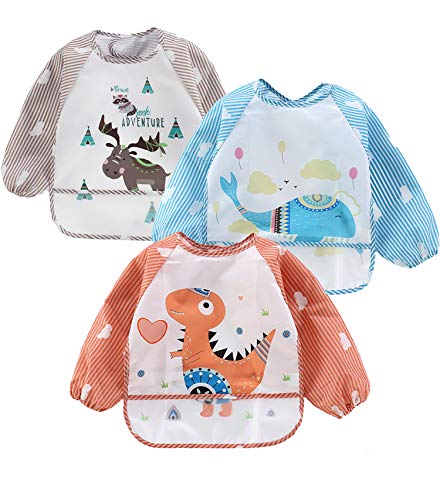 PandaEar (3 Pack Long Sleeve Bibs| Waterproof Full Sleeve Bib for Baby Infant Toddler 6-36 Months - style: Animal