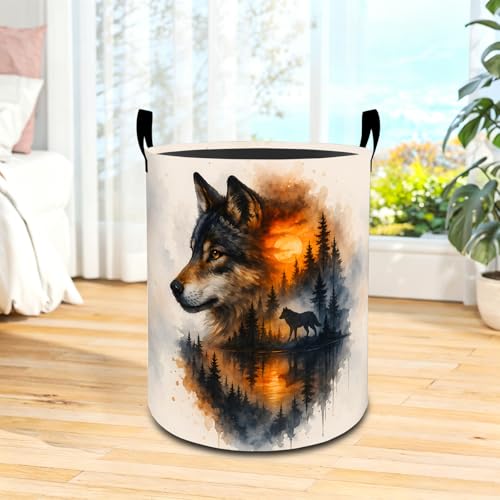 Forest Wolf Oxford Cloth Laundry Basket with Handles 19.7"X15.7" - color: Wolf