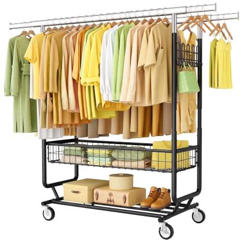 Gewudraw Clothes Rack Heavy Duty Load 1060 LBS With Wheels,Commercial,Black - color: Black, style: Double Rod & Shelves