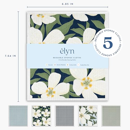 ELYN Swedish Dishcloths, Reusable & Washable Sponge Cloths, Absorbent Cleaning Paper Towels for Kitchen, Dishes, Counters and More, 5 Pack, Assorted Magnolia & Gingham Patterns - color: Magnolia Gingham