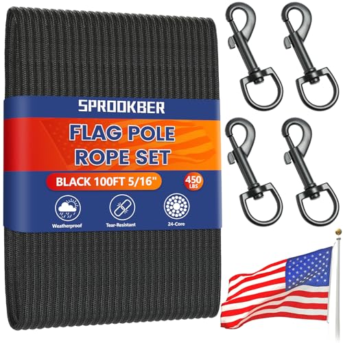 sprookber 100Ft Flagpole Rope Kit 5/16" Nylon Halyard with Swivel Snap Hook - color: Black, size: 100FT