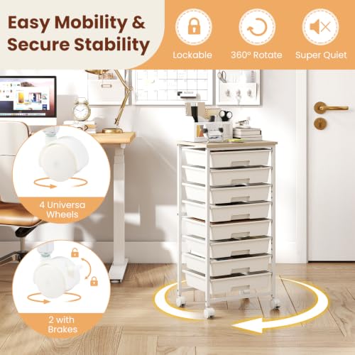Giantex 8 Drawers Rolling Cart with Wheels, Wood Top, Sturdy Frame - color: White, size: 8 Drawer-15"x11"x30"