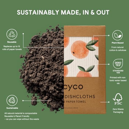 RECYCO Swedish Dishcloths for Kitchen | 5 Pack Peachy Leaves Washable Dish Rags | Cellulose Reusable Cleaning Paper Towels | Absorbent Counter Dish Cloth Sponge Kitchen Wipes, 8" L x 7" W - color: Peachy Leaves- 5 Pack