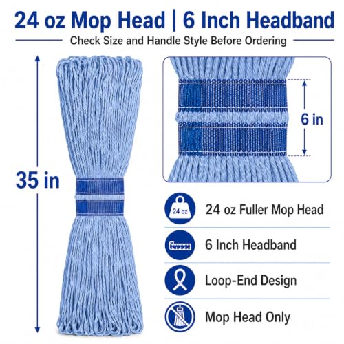 24 oz Loop-End Cotton String Mop Head, Heavy Duty String Mop Refills, 6 Inch Headband, Mop Head Replacement for Home, Industrial and Commercial Use (blue-6pc) - color: Blue-6pc