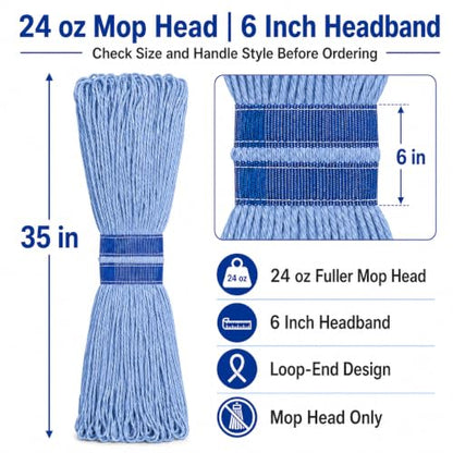 24 oz Loop-End Cotton String Mop Head, Heavy Duty String Mop Refills, 6 Inch Headband, Mop Head Replacement for Home, Industrial and Commercial Use (blue-6pc) - color: Blue-6pc
