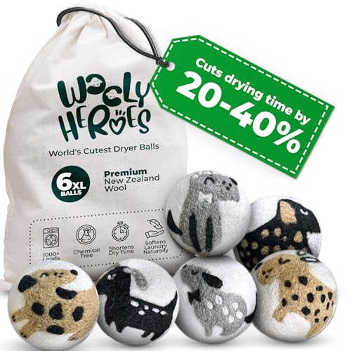Chemical Free & Baby Safe! Reusable Wool Dryer Balls XL 6-Pack - Reduces Static, Cuts Dry Time, & Softens Naturally - color: Puppy & Friends