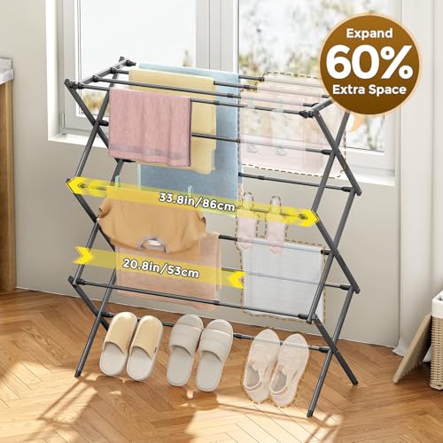 KINGBOARD 3-Tier Extendable Clothes Drying Rack, Small & Foldable, Grey - color: Gray