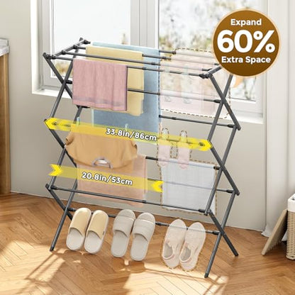 KINGBOARD 3-Tier Extendable Clothes Drying Rack, Small & Foldable, Grey - color: Gray