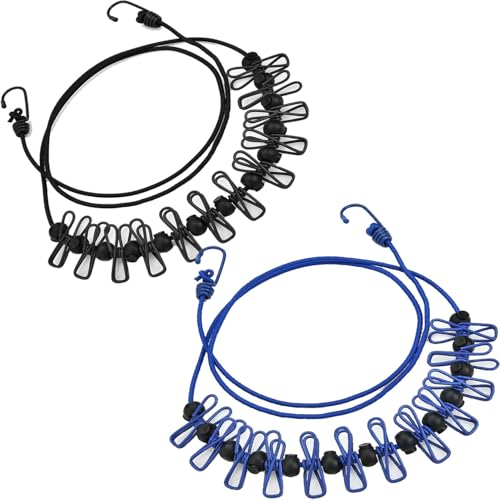 2 Pack Portable Travel Clothesline ，Black+Blue Retractable Portable Clothesline for Travel，Clothing line with 12 Clothes Clips，for Home, Travel and Outdoor Hanging Clothes Clothesline Chip Clips - color: Black+blue