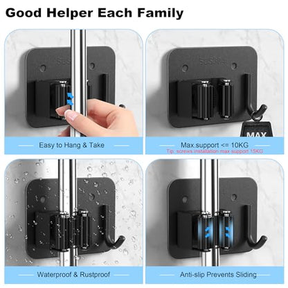 2 Pack Broom Holder Wall Mount, 304 Stainless Steel Mop Organizer with Hook - color: C-Black, size: 2PCS Gripper