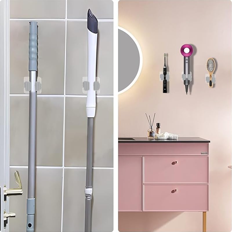 2Pcs Broom Holder Wall Mount, Self Adhesive Mop Holder with Anti-Slip Gripper, Cleaning Tools Sticker Hook for Garden Garage Bathroom Kitchen Toilet, Grey