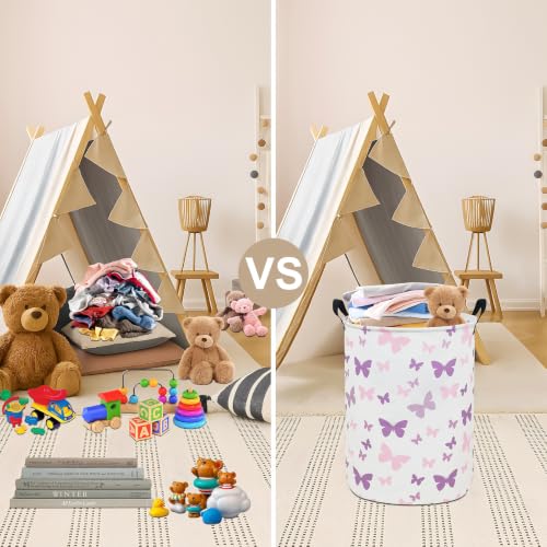 Round Fabric Collapsible Storage Basket with Handles, Purple Butterfly - color: Round-Purple Butterfly