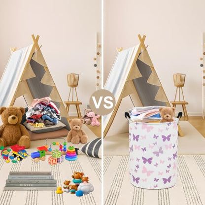 Round Fabric Collapsible Storage Basket with Handles, Purple Butterfly - color: Round-Purple Butterfly