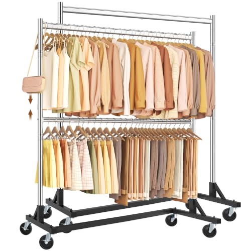 Hoctieon Double Rod Z Rack,Rolling Clothes Racks with Z-Base, Adjustable Clothing Rack, Standing Clothes Rack, Metal Clothing Racks for Hanging Clothes, Portable Garment Rack,Set of 2,Chrome - color: Chrome (2 Pack)