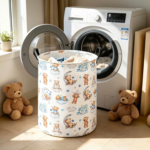 Round Bear Pattern Laundry Hamper, Cotton Canvas Storage Bin - color: Round Cute Bear