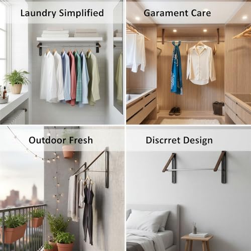 Wall Mounted Retractable Clothes Drying Rack, Walnut Foldable Hanger, Space Saving Laundry Organizer with 2 Brackets and 1 Rod, Ideal for Laundry Room, Dorm, Closet & Balcony