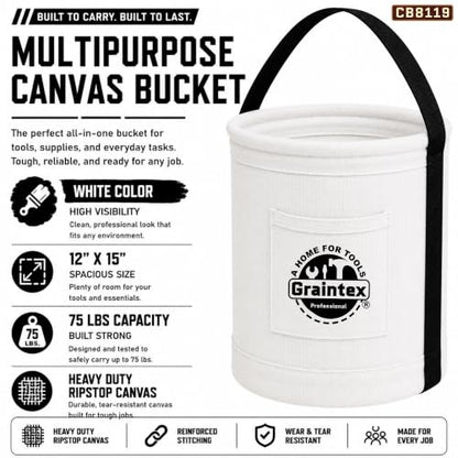 Graintex Canvas Utility Bucket 12"x15", Round Tool Bucket, Reinforced Base & Carry Handle, Ripstop Canvas, Multi-Purpose Bag for Jobsite, Home Use (White) - color: White