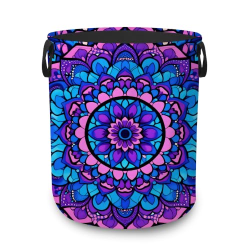 Laundry Basket,Blue Mandala Foldable Clothes Hamper with Handles,Boho Purple Floral Waterproof Oxford Cloth Storage Organizer for Bedroom Bathroom College Dorm,16" x 20" - color: Blue Mandala,Boho Purple Floral