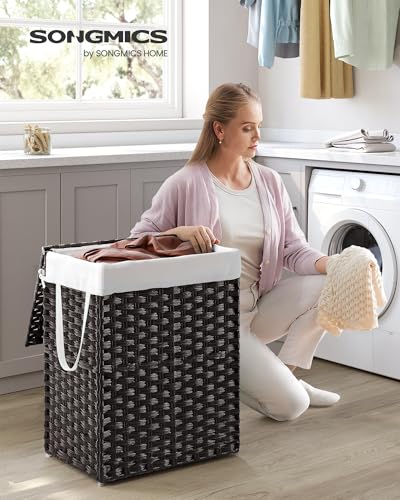 SONGMICS Laundry Hamper with Lid, 23.8 Gal (90 L) Synthetic Rattan,Foldable - color: Black, size: 90 L