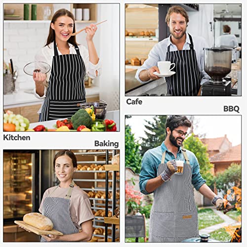 NLUS 2 Pcs Kitchen Cooking Aprons, Poly/Cotton Blend Adjustable Soft Bib Stripe Aprons with 2 Pockets for Women Men Chef (Blue Pinstripes/Black Stripes) - color: Denim Blue/Black