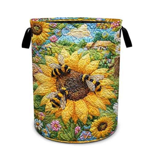 Bee Sunflowers Laundry Basket Foldable Oxford Laundry Hamper With Handle For Room Bathroom Bedroom - color: Bee