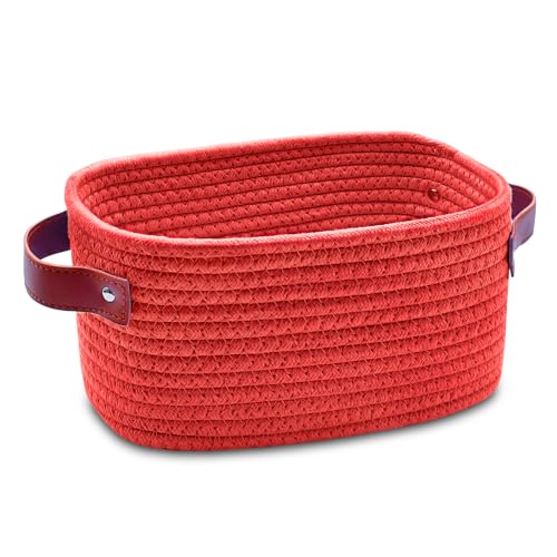 ABenkle Small Storage Basket, Mini Baskets with Handle, Cute Cotton Woven Baskets for Shelves, Boho Decorative Toy Storage Bin for Nursery, Spa, Empty Gift Basket - XS - color: Red