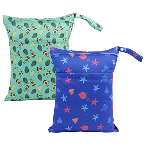 ALVA 2pcs Cloth Diaper Wet Dry Bags Waterproof Reusable with Two Zippered Pockets Travel Beach Pool Daycare Soiled Baby Items Yoga Gym Bag for Swimsuits or Wet Clothes - color: Avocados and starfish