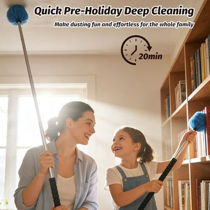 Cobweb Duster Brush with Extension Pole,Lightweight 5ft Long Spider Web Cobwebs Ceiling Fan Dust Cleaning Brush Kit with Washable Head for Furniture, Eaves, VentRoof House Cleaning up to 12.5ft