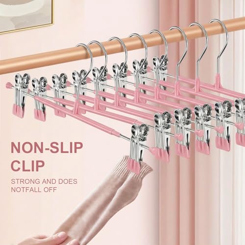POZEAN Pants Hangers with Clips for Women, Adjustable Heavy Duty Skirt Hangers, Space Saving Non-Slip Shorts Jeans Trousers Clothes Hangers (Pink, 20Pack) - color: Pink, size: 20Pack