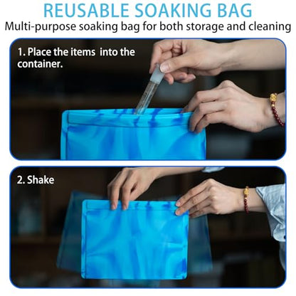 Glass Cleaning Kit with Reusable Silicone Accessories-Complete Set of Cleaning & Storage Tools for Easy Glassware Care, Reusable Microfiber Towel & Soaker Bag, Brushes, Mat, Caps Funnel & Plugs