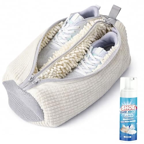 Shoe Washing Machine Bag for Sneakers, Double Compartment Shoe Laundry Bag with Chenille Microfiber, Durable Mesh Shoe Wash Bag for Washer & Dryer, Sneaker Cleaner for Running, Tennis & Kids Shoes - color: White