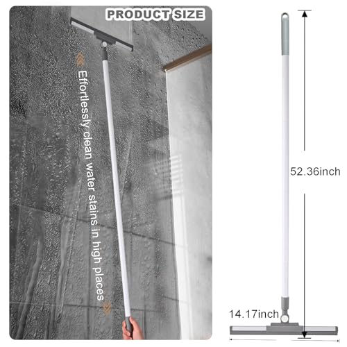 Floor Squeegee Broom - 52" Long Handle Rubber Scrubber for Bathroom, Tile, Shower, Glass, Pet Hair, Hardwood Floor - Adjustable Long Handle, Water Wiper with Replacement Blade (White)