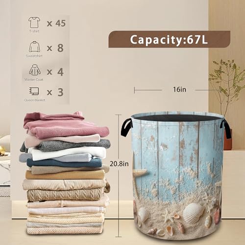 Large Laundry Basket,Beach Seashell Starfish Collapsible Laundry Baskets,Blue Wooden Waterproof Oxford Hamper with Handles for Bathroom Bedroom Nursery Home Storage 16"x20" - color: Beach Seashell Starfish,Blue Wooden