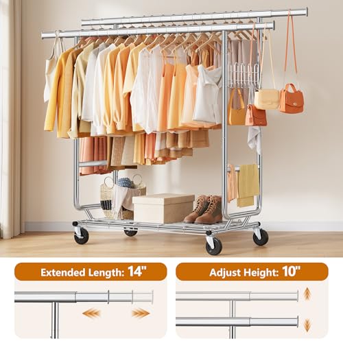 Gewudraw Clothes Rack Heavy Duty Load 900 Lbs With Wheels,Commercial,Chrome - color: Silver, style: Double Rod