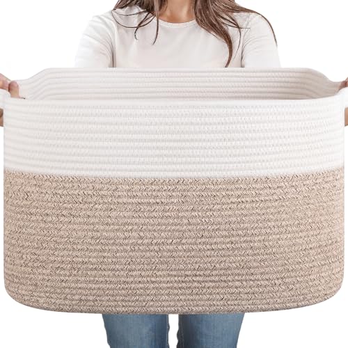 65L Large Woven Blanket Basket for Living Room, 19.7"x15.7"x11.8" - color: Brown & White, size: 19.7"x15.7"x11.8"