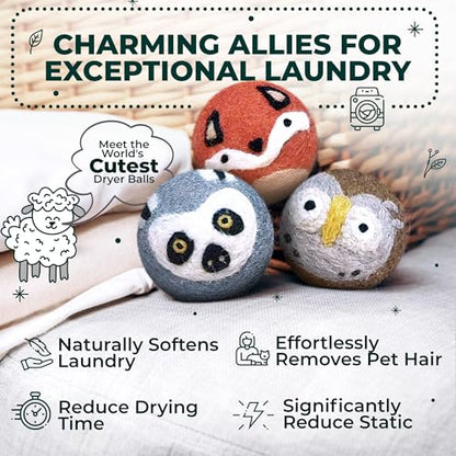 Chemical Free & Baby Safe! Reusable Wool Dryer Balls XL 6-Pack - Reduces Static, Cuts Dry Time, & Softens Naturally - color: Fox & Friends