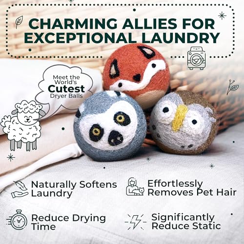 Chemical Free & Baby Safe! Reusable Wool Dryer Balls XL 6-Pack - Reduces Static, Cuts Dry Time, & Softens Naturally - color: Fox & Friends