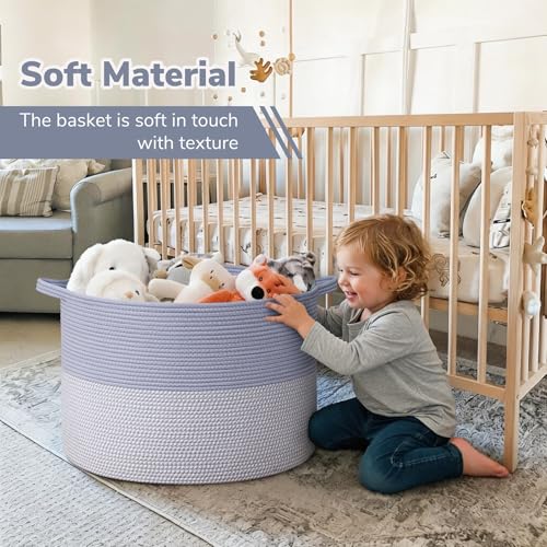 INDRESSME 115L Extra Large Woven Rope Blanket Basket Living Room Blue - color: Blue & White, size: 23.6"D x 15.7"H