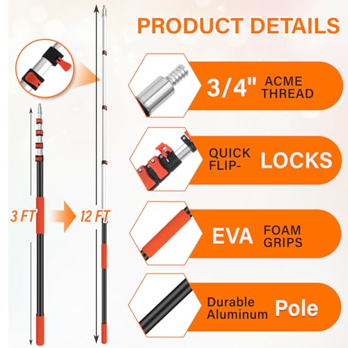 20FT High Reach Duster with Extension Pole 3-12FT, 4-in-1 Cleaning Kit - size: 12FT Pole