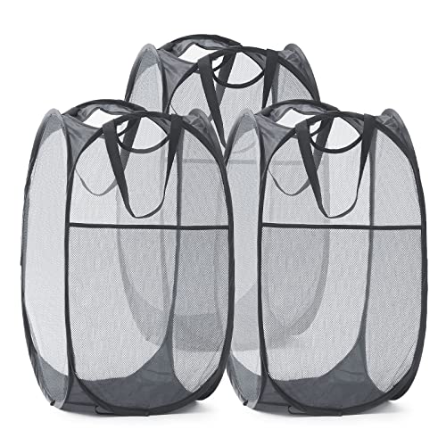 TECHMILLY Collapsible Mesh Pop Up Laundry Hamper with Sturdy Handles and Side Pocket - Portable Foldable Clothes Baskets for Dorm, Bathroom & Travel Storage (Grey, 3 Packs) - color: Gray, size: 3 Pack