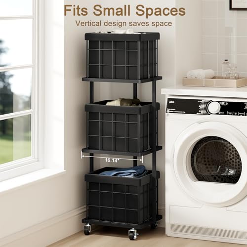 120L Vertical Laundry Sorter,3 Tier Metal Rolling Laundry Basket - color: Black, size: 3 Tier
