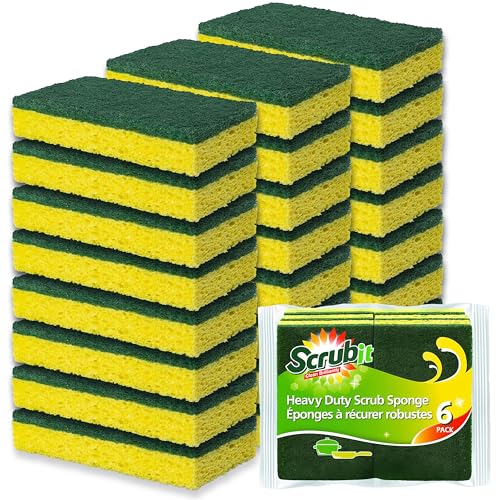 SCRUBIT Heavy Duty Scrub Sponges - Dishwashing Sponge Along with A Tough Scouring Pad - Ideal for Cleaning Kitchen, Dishes, Bathroom - Yellow - 24 Dish sponges - size: 24 Count (Pack of 1)