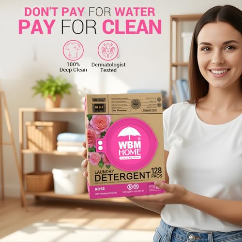 WBM 10-in-1 Laundry Pods, Total 128 Count, High Efficiency, Ultra Concentrate with Powerful Stain Lifter Technology, Fabric Softener With Rose Extracts, Detergent Pods - size: 128 Count (Pack of 1)